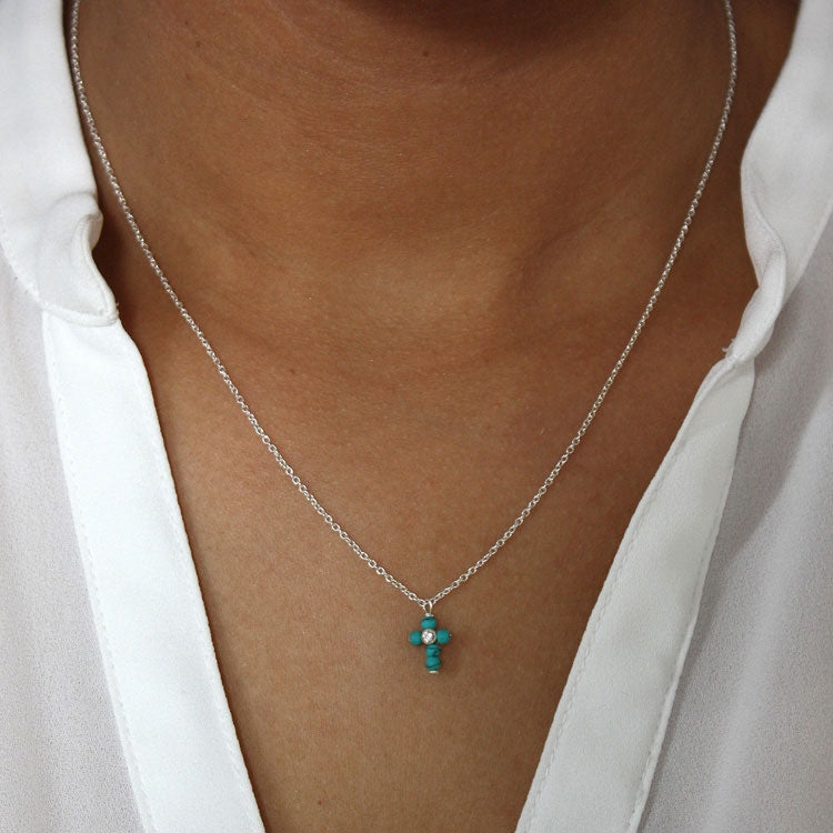 Collier argent 925 pendentif croix turquoise et zircon