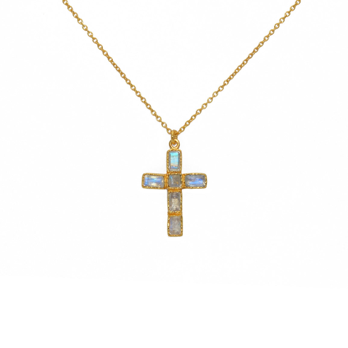 Collier doré pendentif croix et pierres - PIERRE DE LUNE