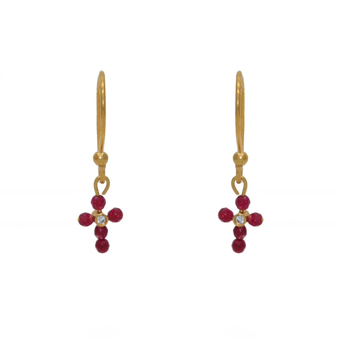 Boucles d’oreilles dorées croix rubis et zircons
