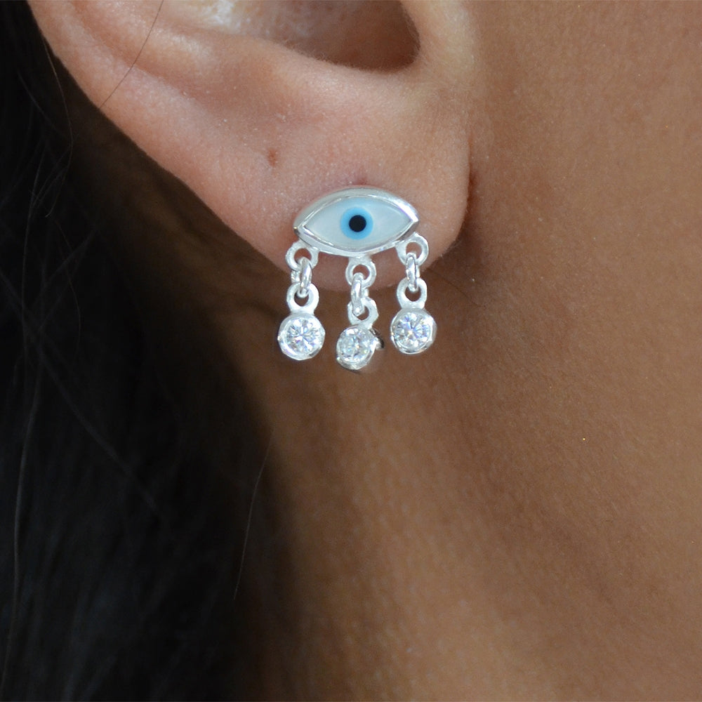 Boucles d’oreilles argent 925 oeil en nacre et zircons