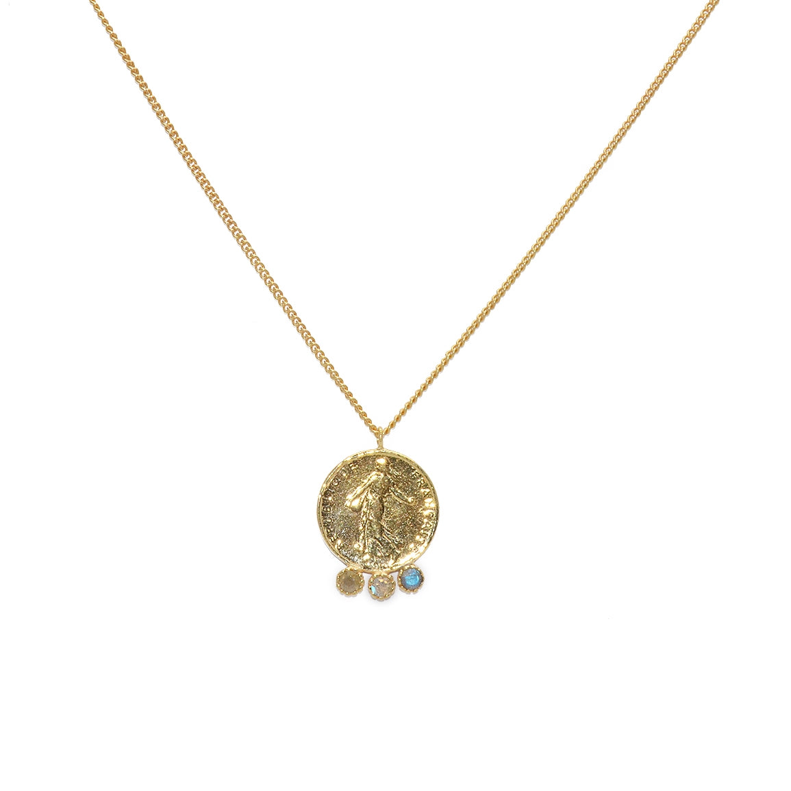 Collier doré médaille piece franc et labradorite