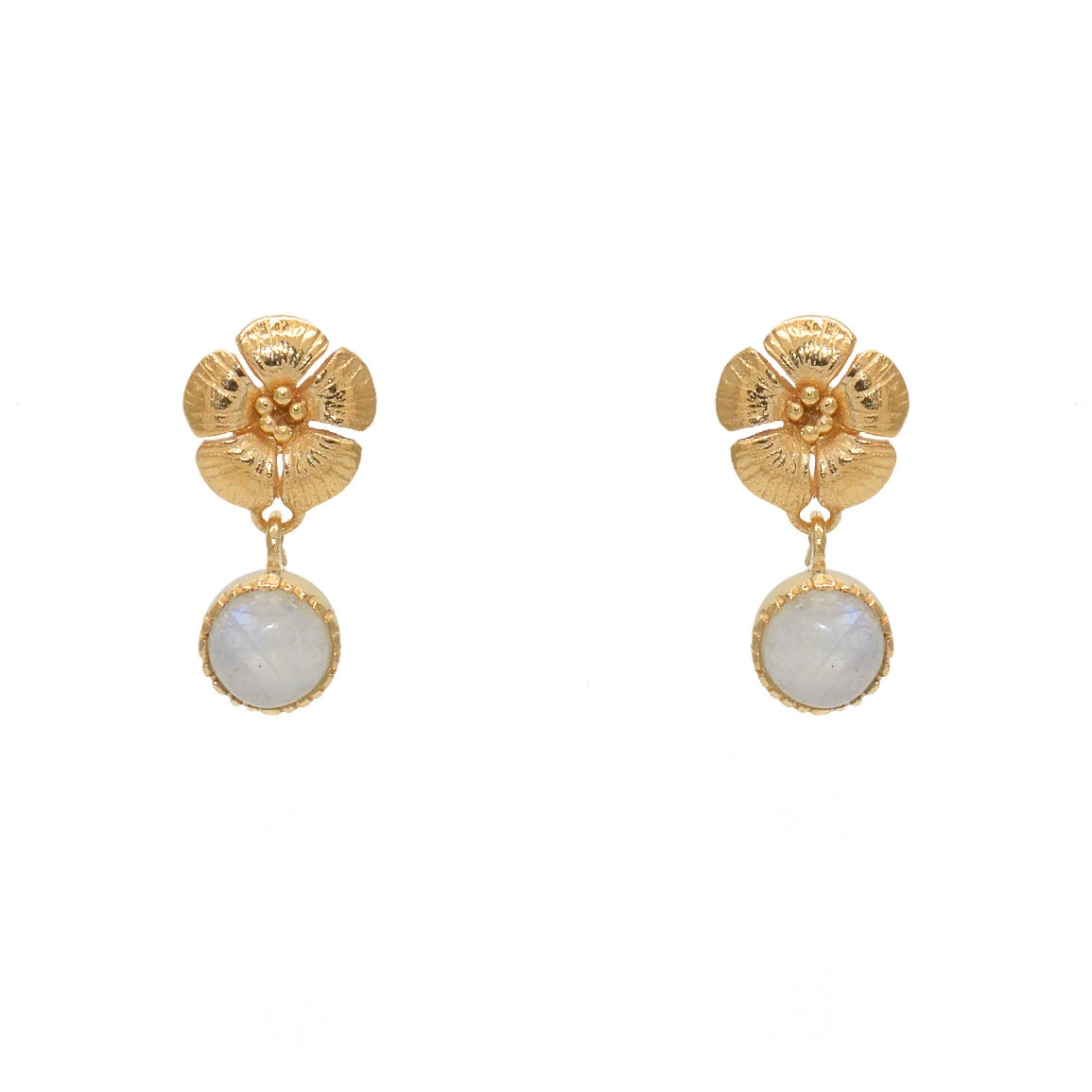 Boucles dorées fleur et pierre cabochon - PIERRE DE LUNE