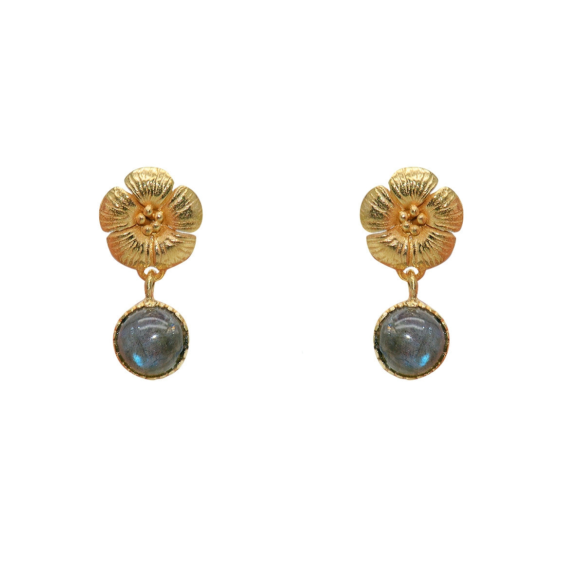 Boucles dorées fleur et pierre cabochon - LABRADORITE