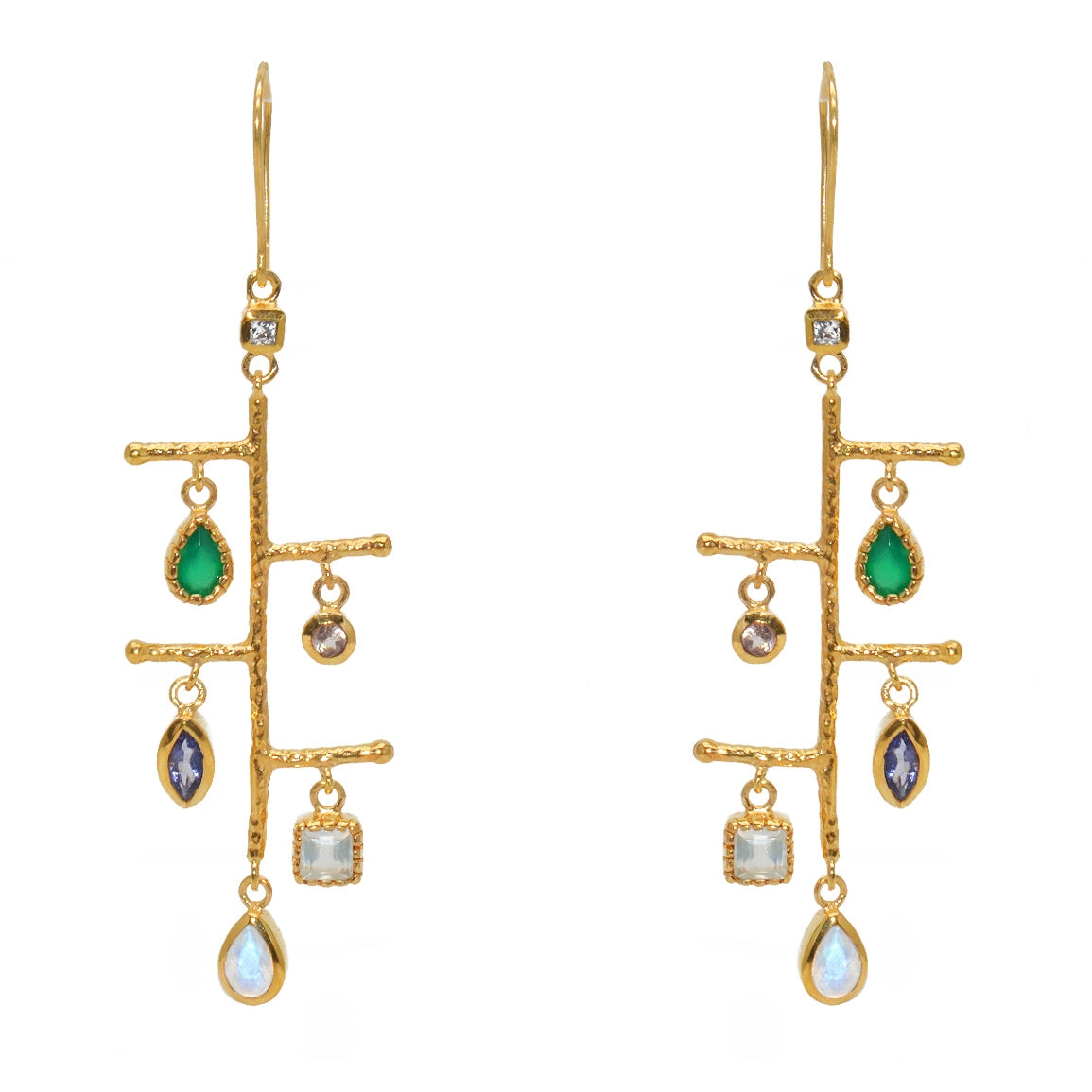 Boucles dorées martelées et pierres - Boucles d’oreilles