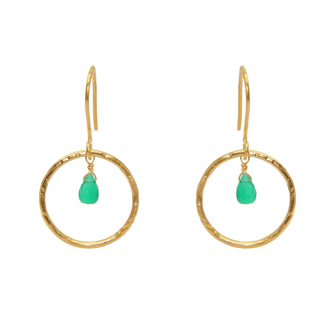 Boucles dorées anneau martelé et goutte pierre - ONYX VERTE