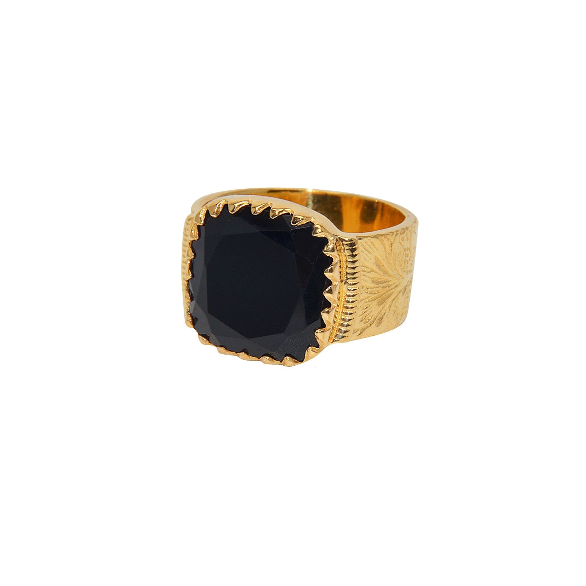 Chevalière dorée texturée et pierre carrée - 50 / ONYX NOIRE