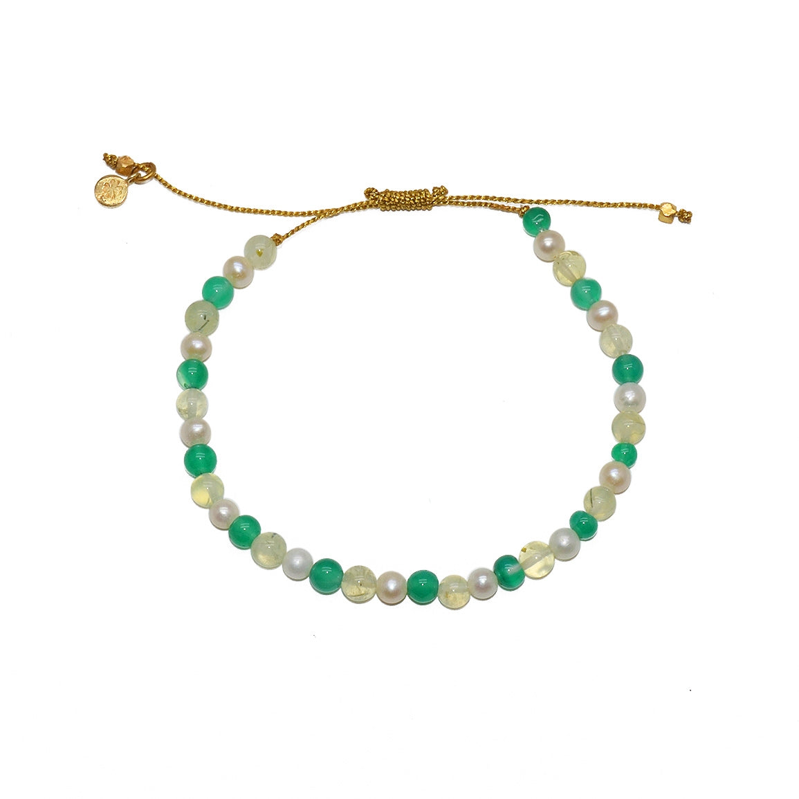 Bracelet tressé doré et perles - PREHNITE - ONYX VERTE -
