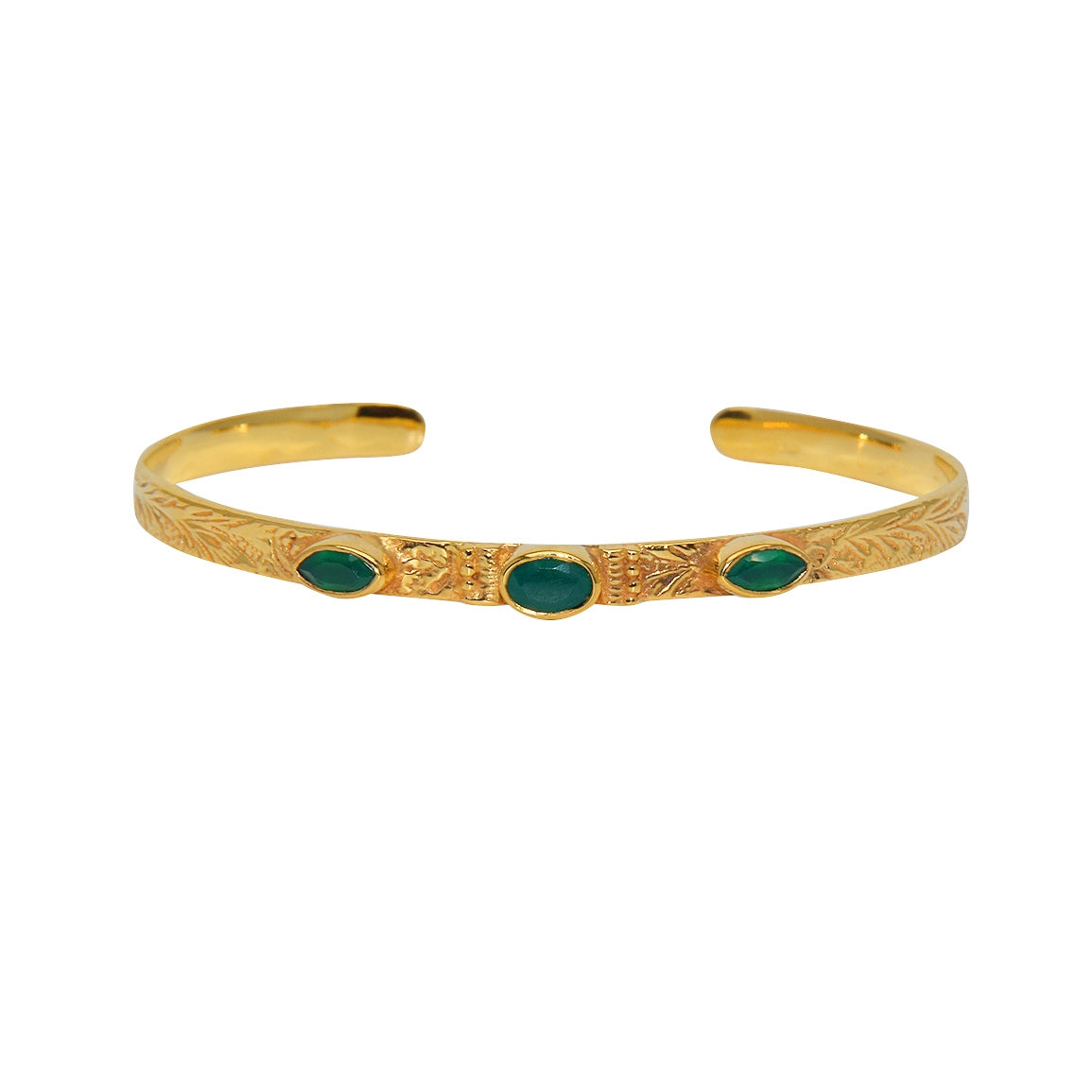 Jonc doré texturé fleurs et 3 pierres - ONYX VERTE
