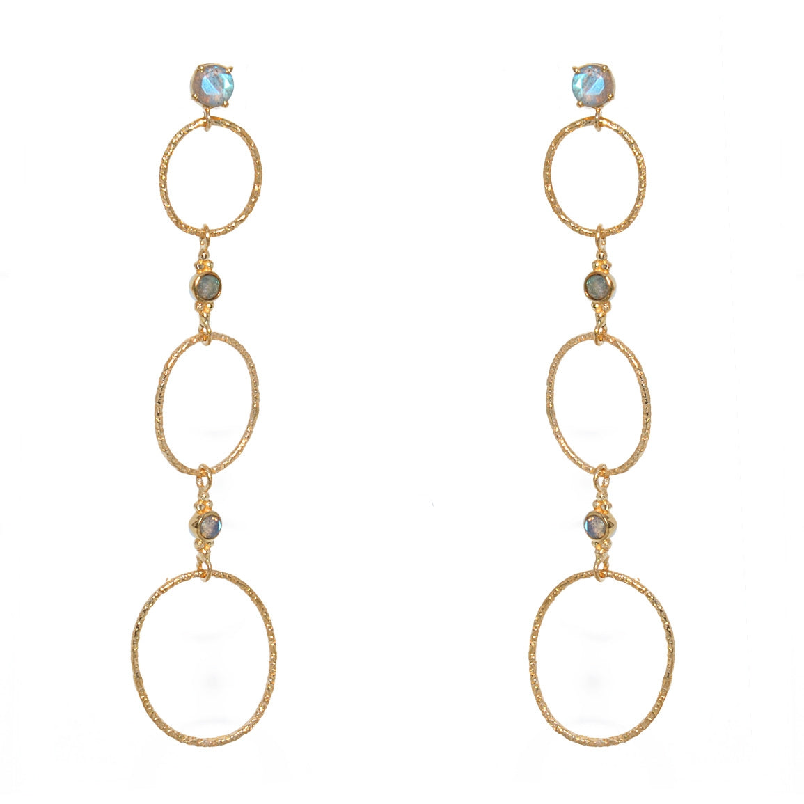 Boucles dorées anneaux martelés et pierre - LABRADORITE