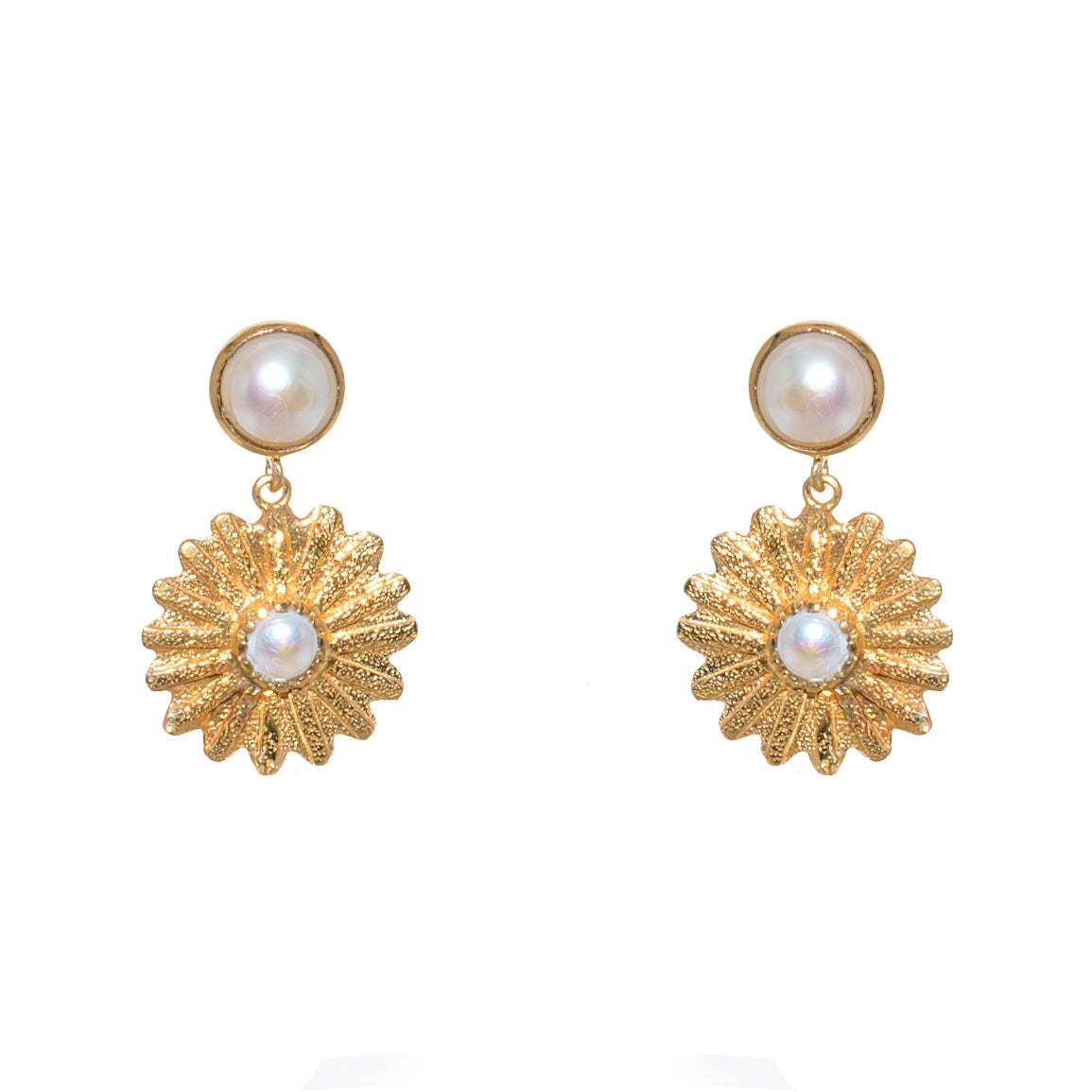 Boucles dorées fleur martelé et pierre - PERLE DE CULTURE