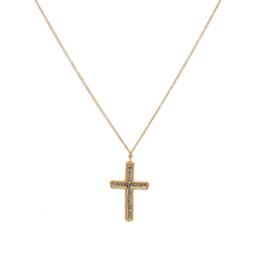Sautoir doré pendentif croix et pierre - PYRITE GRISE