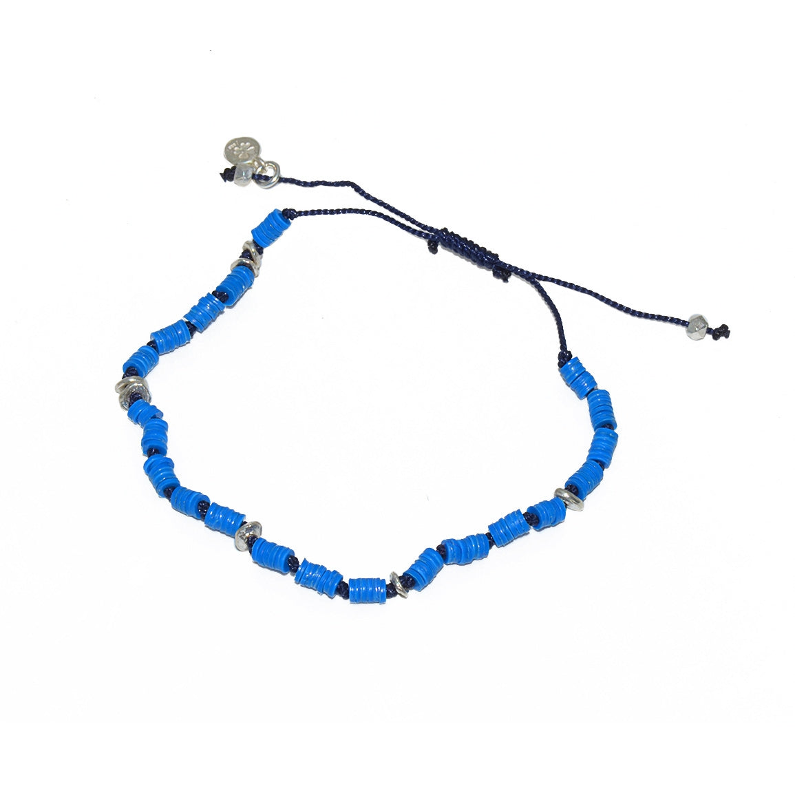 Bracelet vinyle bleu et disques argent 925