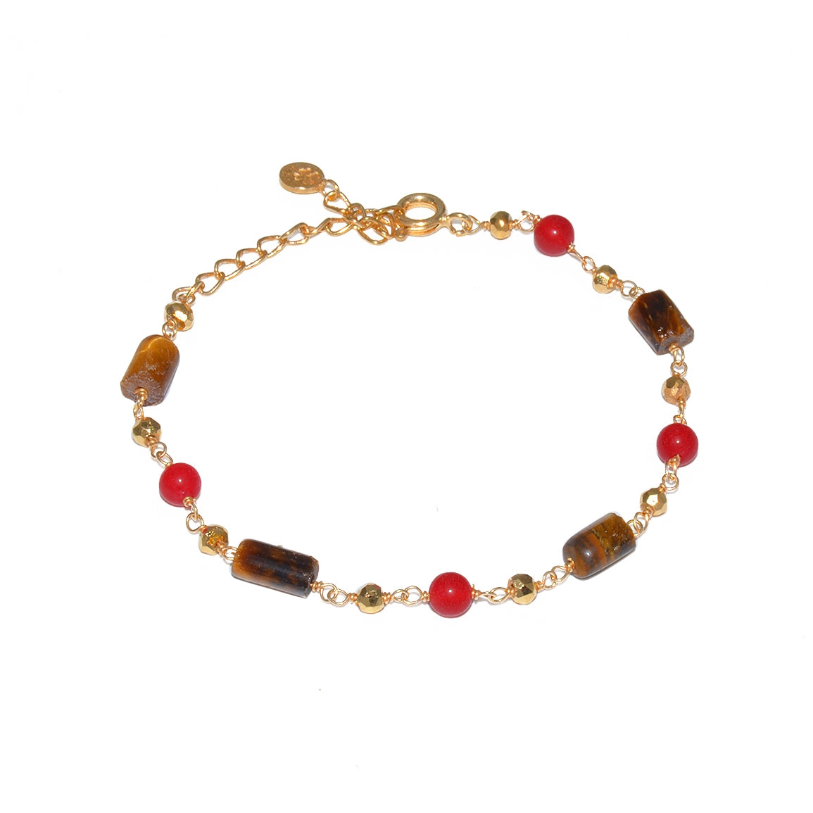 Bracelet doré oeil de tigre onyx rouge et pyrite