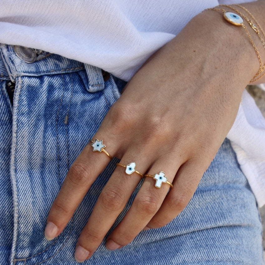 Bague oeil turc étoile de david dorée à l’or fin 18k -
