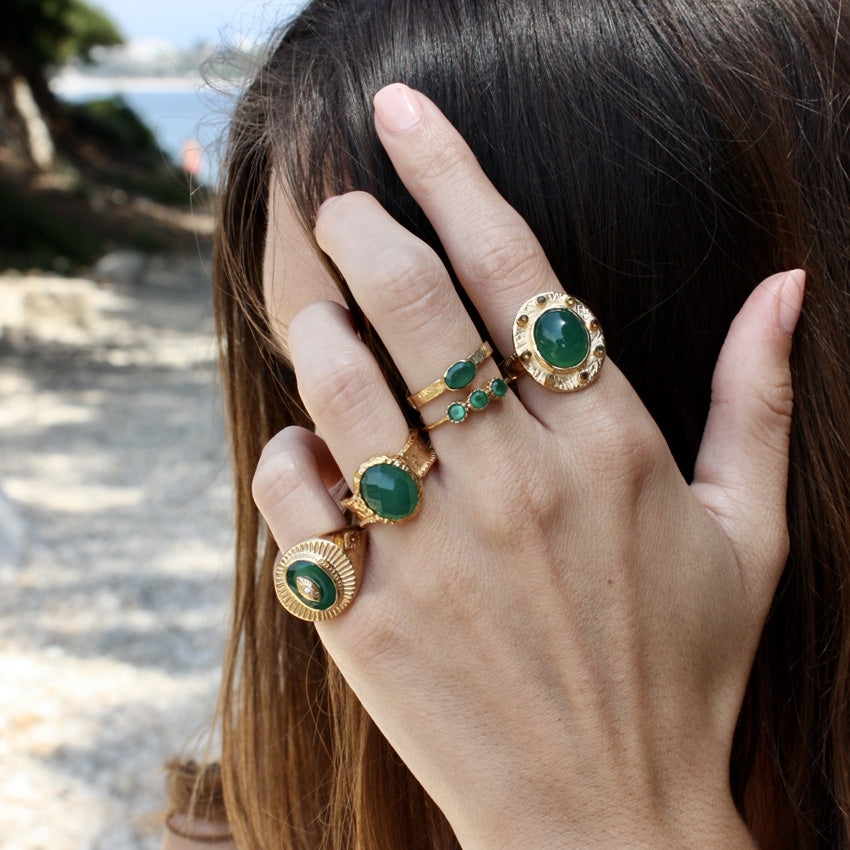 Chevalière dorée pierre et oeil zircon