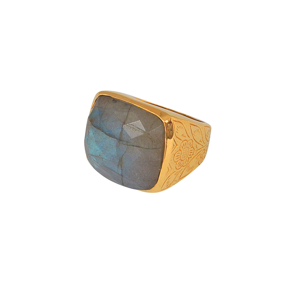 Chevalière dorée pierre facettée et fleurs