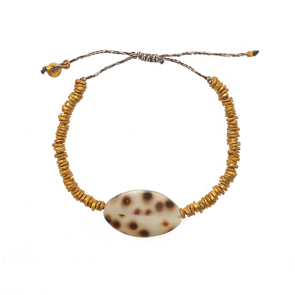Bracelet cordon disques dorés et coquillage
