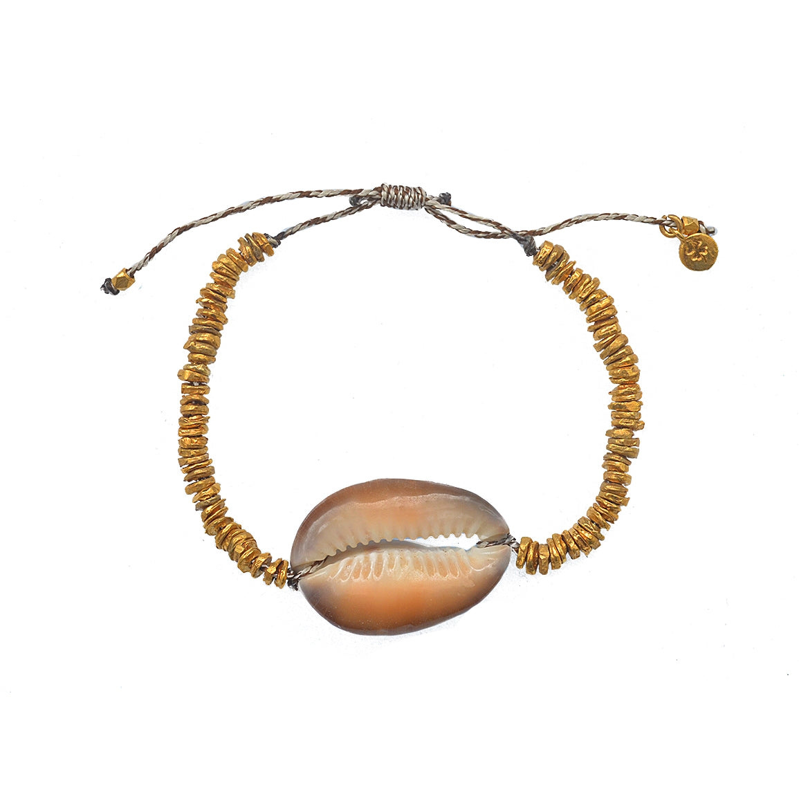 Bracelet cordon disques dorés et coquillage
