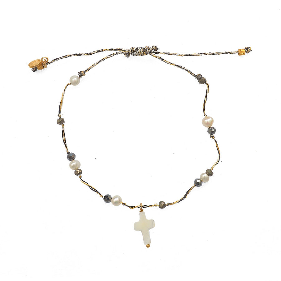 Bracelet cordon croix nacre et pierres - PERLE - PYRITE