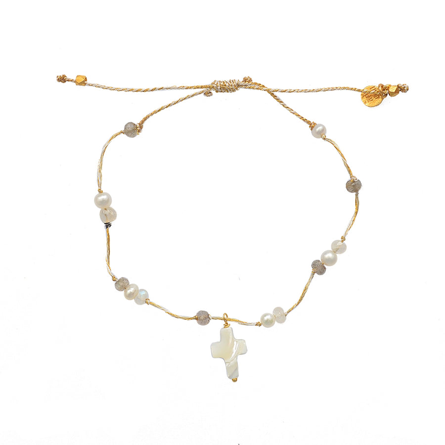 Bracelet cordon croix nacre et pierres - LABRADORITE -