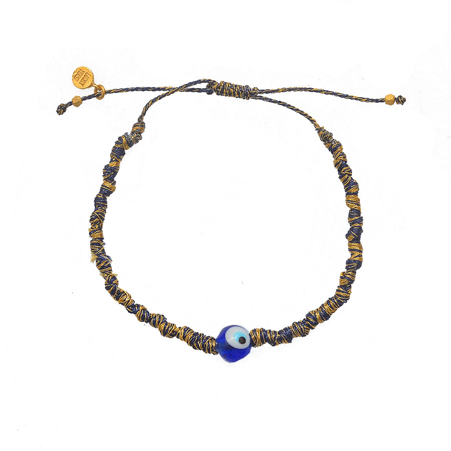 Bracelet cordon bleu marine doré et oeil