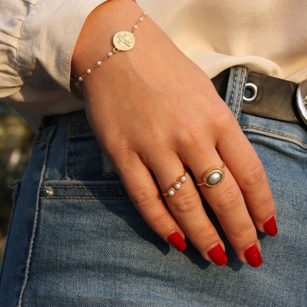 Bague dorée trilogie de pierres - 52 / PERLE DE CULTURE