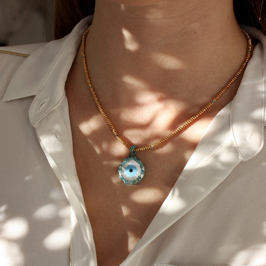 Collier cordon et oeil en nacre - BLEU