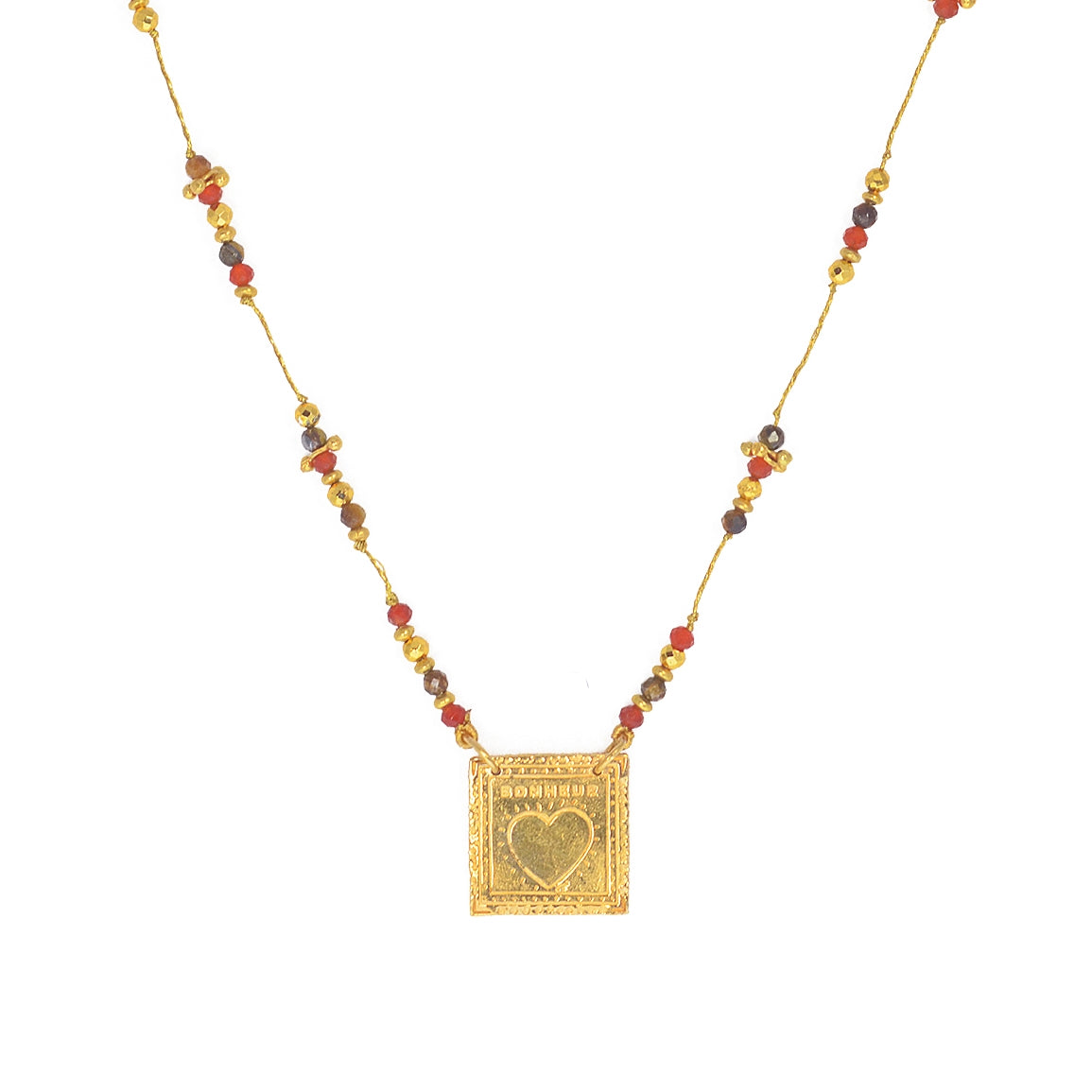 Collier cordon doré pierres et plaque bonheur coeur - ONYX