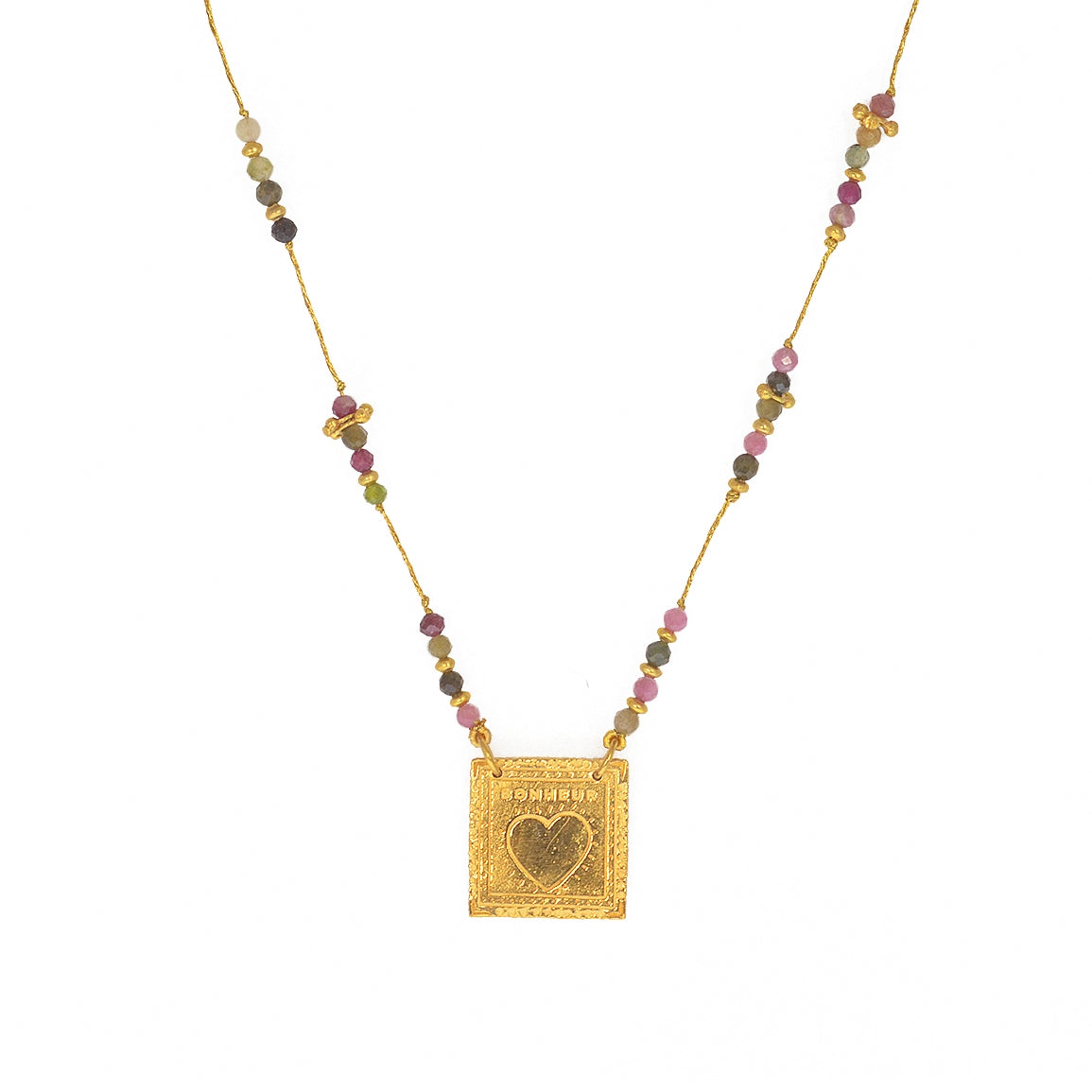 Collier cordon doré pierres et plaque bonheur coeur -