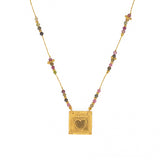 Collier cordon doré pierres et plaque bonheur coeur -