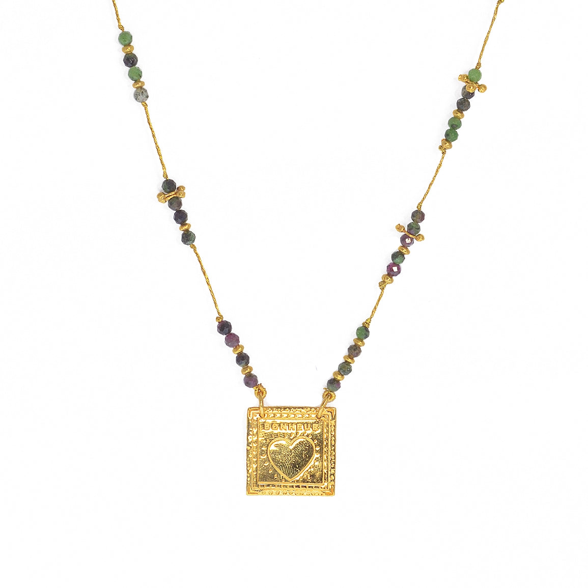Collier cordon doré pierres et plaque bonheur coeur - RUBIS