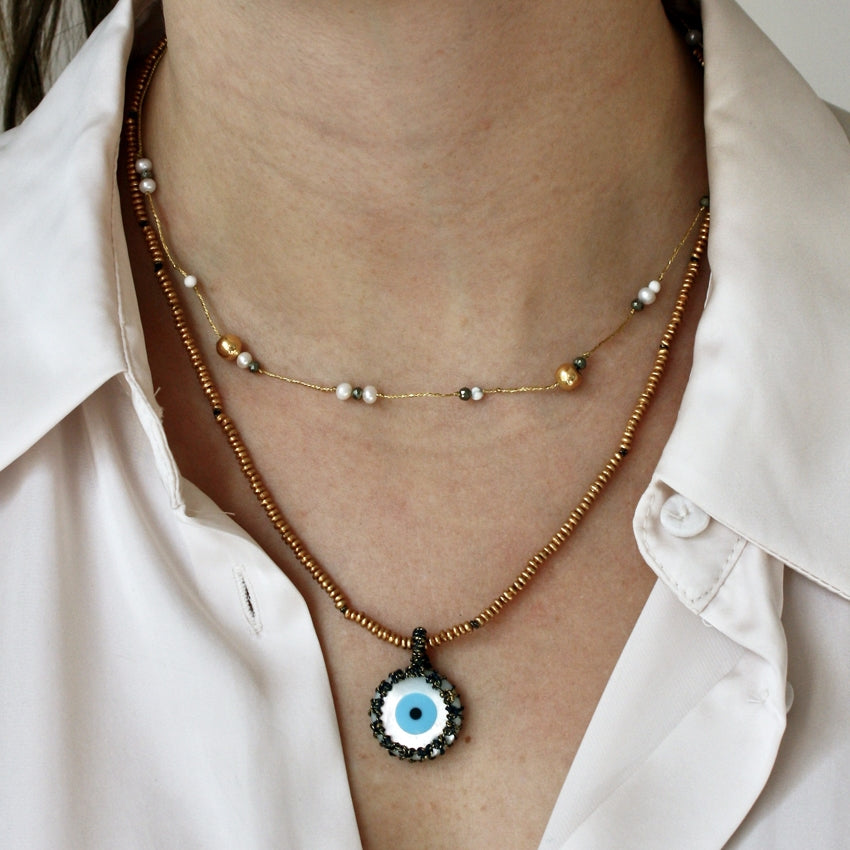 Collier cordon et oeil en nacre - NOIR