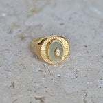 Chevalière dorée pierre et oeil zircon - 50 / PREHNITE
