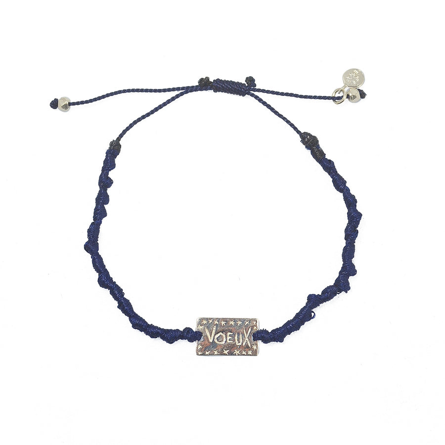 Bracelet cordon plaque Wish / Voeux en argent 925 - BLEU