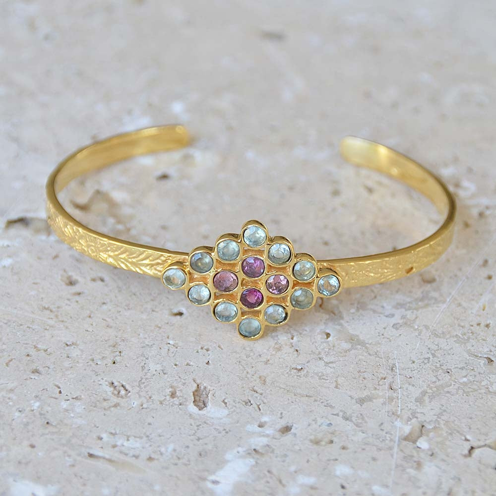 Jonc doré texturé losange de pierres - TOURMALINE & PREHNITE