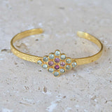 Jonc doré texturé losange de pierres - TOURMALINE & PREHNITE