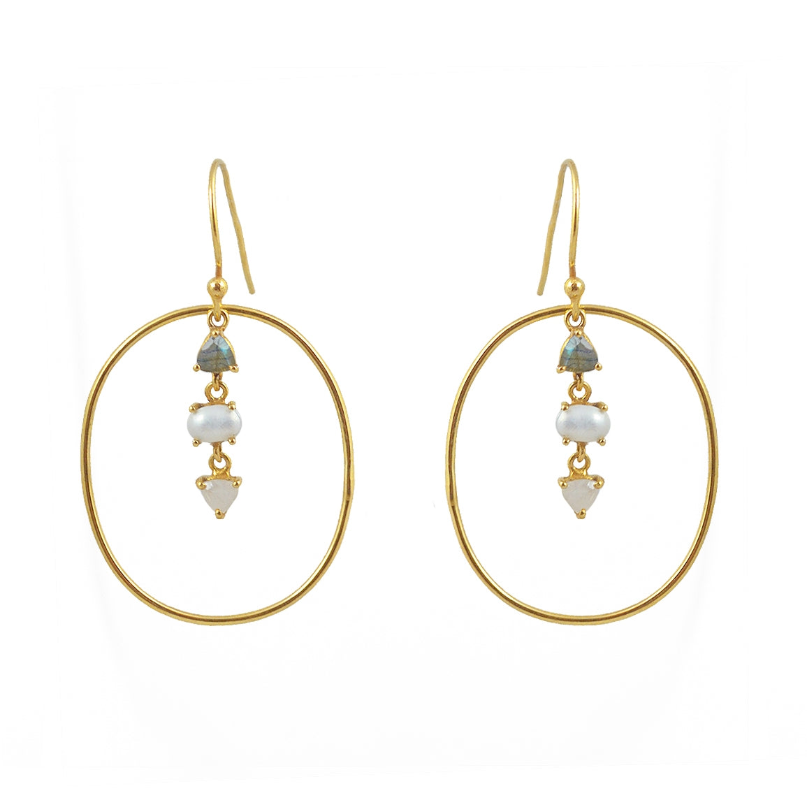 Boucles dorées anneau et multi pierres - LABRADORITE - PERLE
