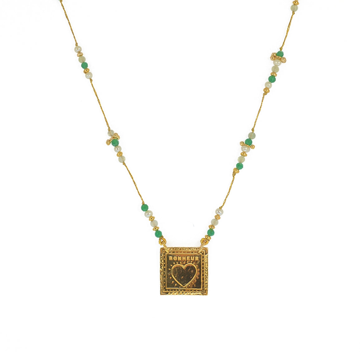 Collier cordon doré pierres et plaque bonheur coeur - ONYX