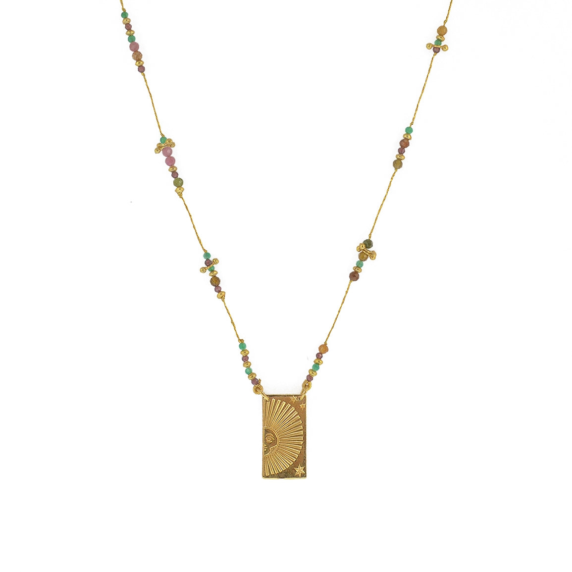 Collier doré multi pierres et pendentif plaque demi soleil
