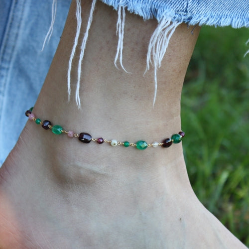Bracelet de cheville doré et pierres - GRENAT - ONYX VERTE -