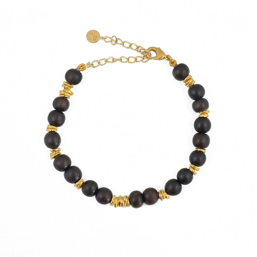 Bracelet perles bois noir et disques dorés