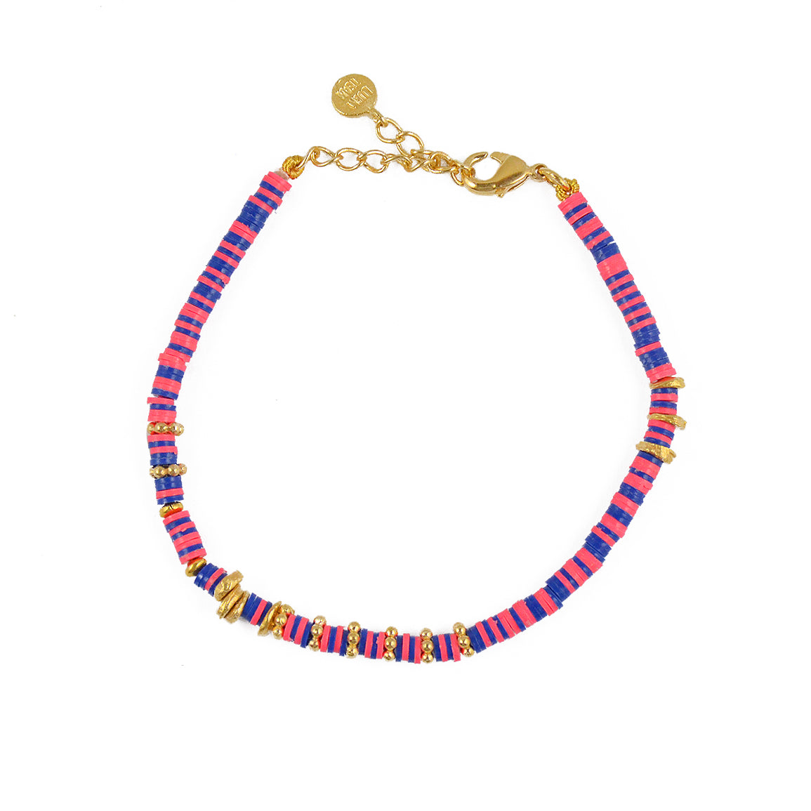 Bracelet doré disques vinyles rose et bleu