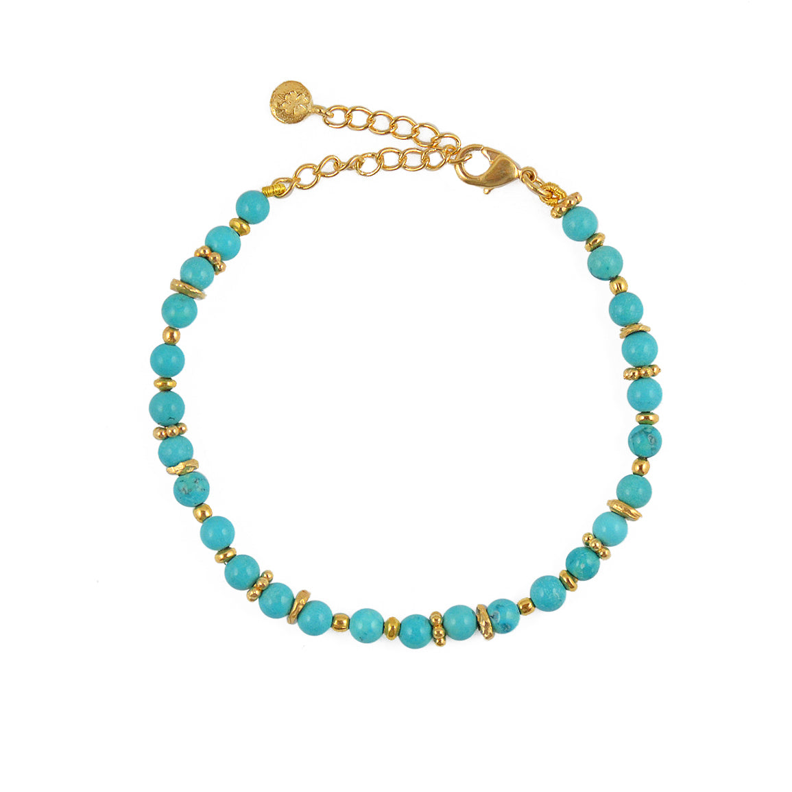 Bracelet doré perles turquoise et disques dorés