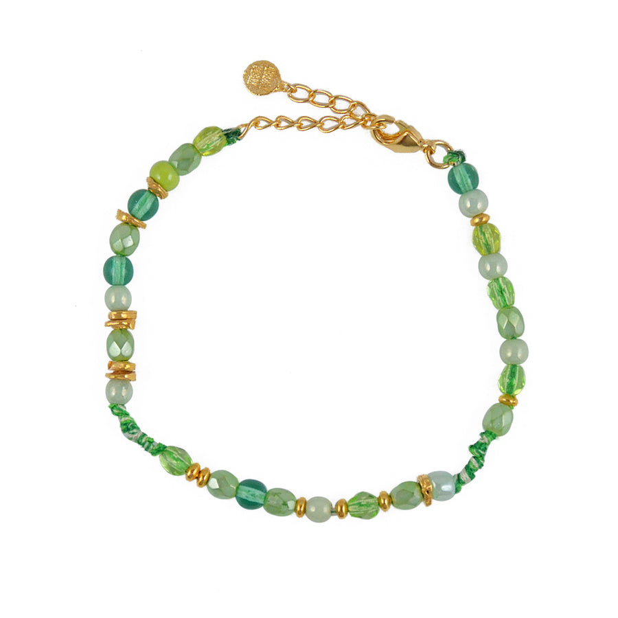 Bracelet mix perles disques dorés et noeuds - VERT CLAIR