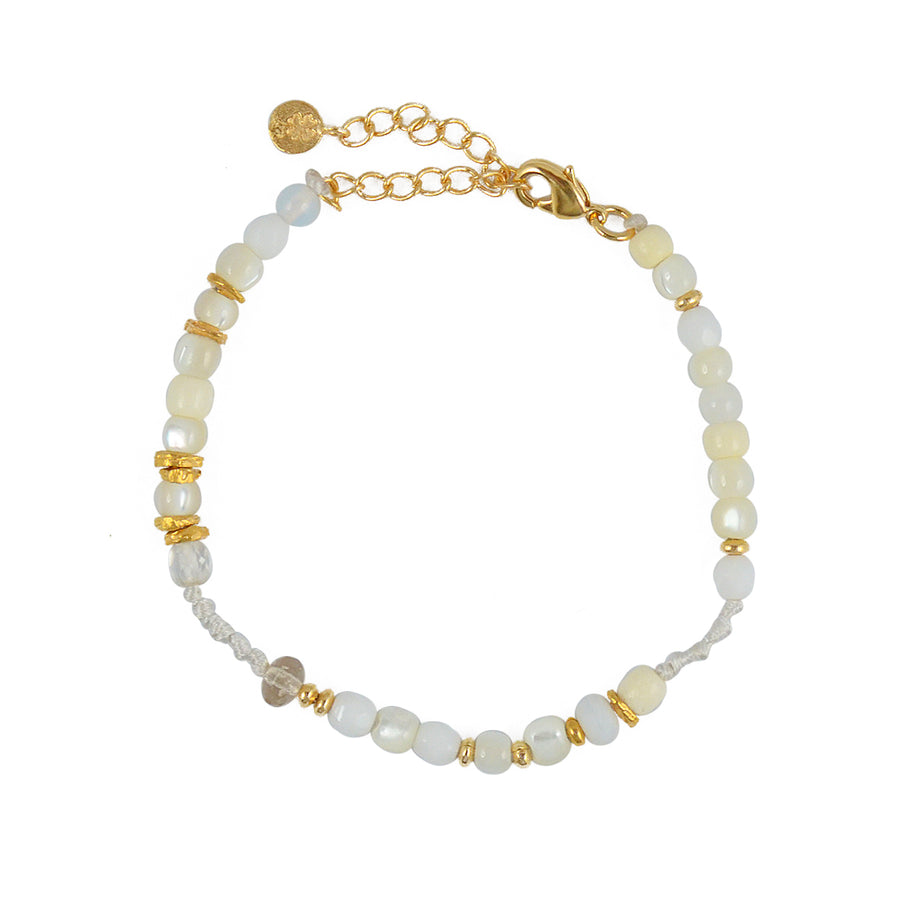 Bracelet mix perles disques dorés et noeuds - BLANC