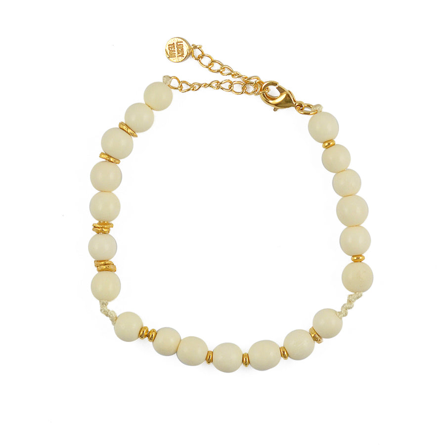 Bracelet perles os et disques dorés martelés - OS BLANC