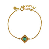 Bracelet doré carré pierre ronde et zircons - ONYX VERTE -