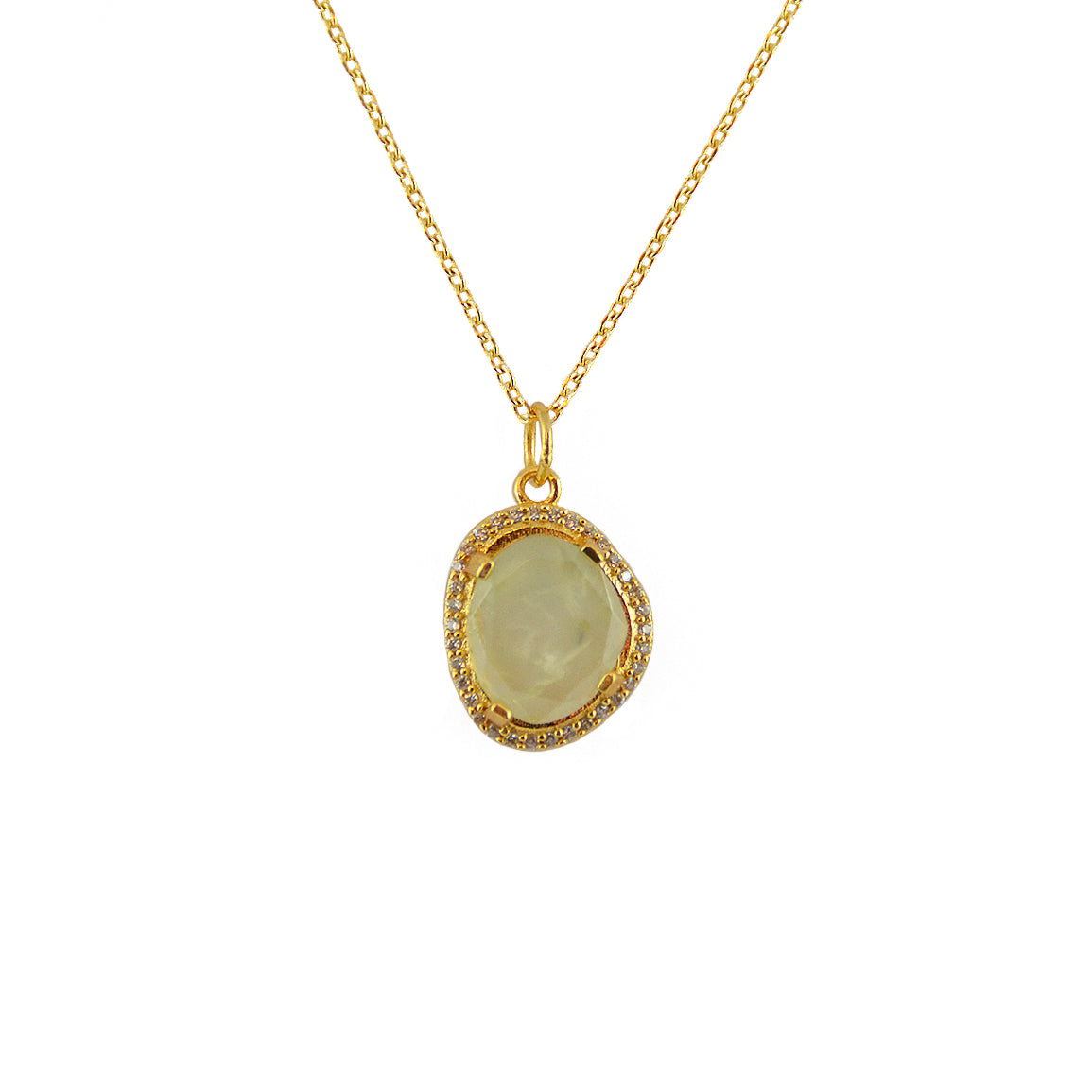 Collier doré pierre irrégulière et zircons - PREHNITE