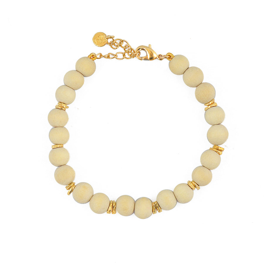 Bracelet perles bois et disques dorés