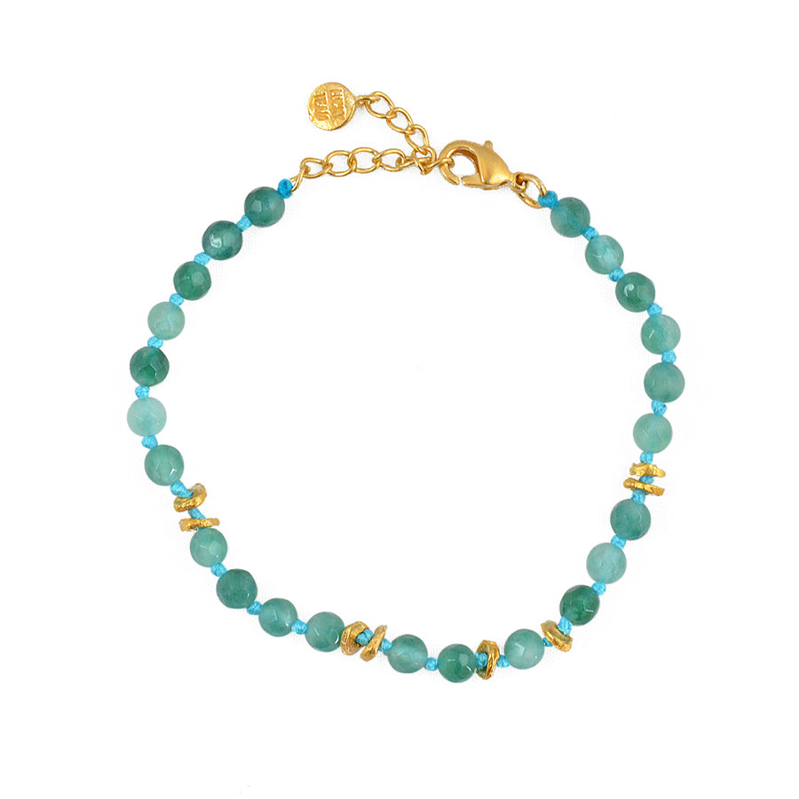 Bracelet perles noeuds et disques dorés - AGATE VERTE